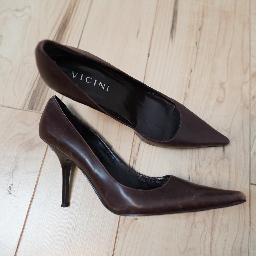 Vicini Brown Leather Pointed Toe Pumps Y2K Made in Italy Quiet Luxury EU 37